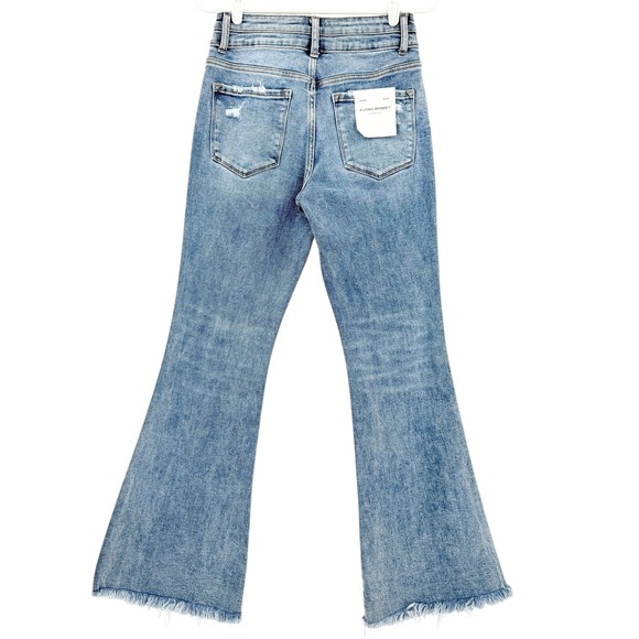 Flying Monkey Women's Distressed Flare Leg Stretch Blue Jeans Sz 27 Raw Hem NWT - Picture 2 of 10